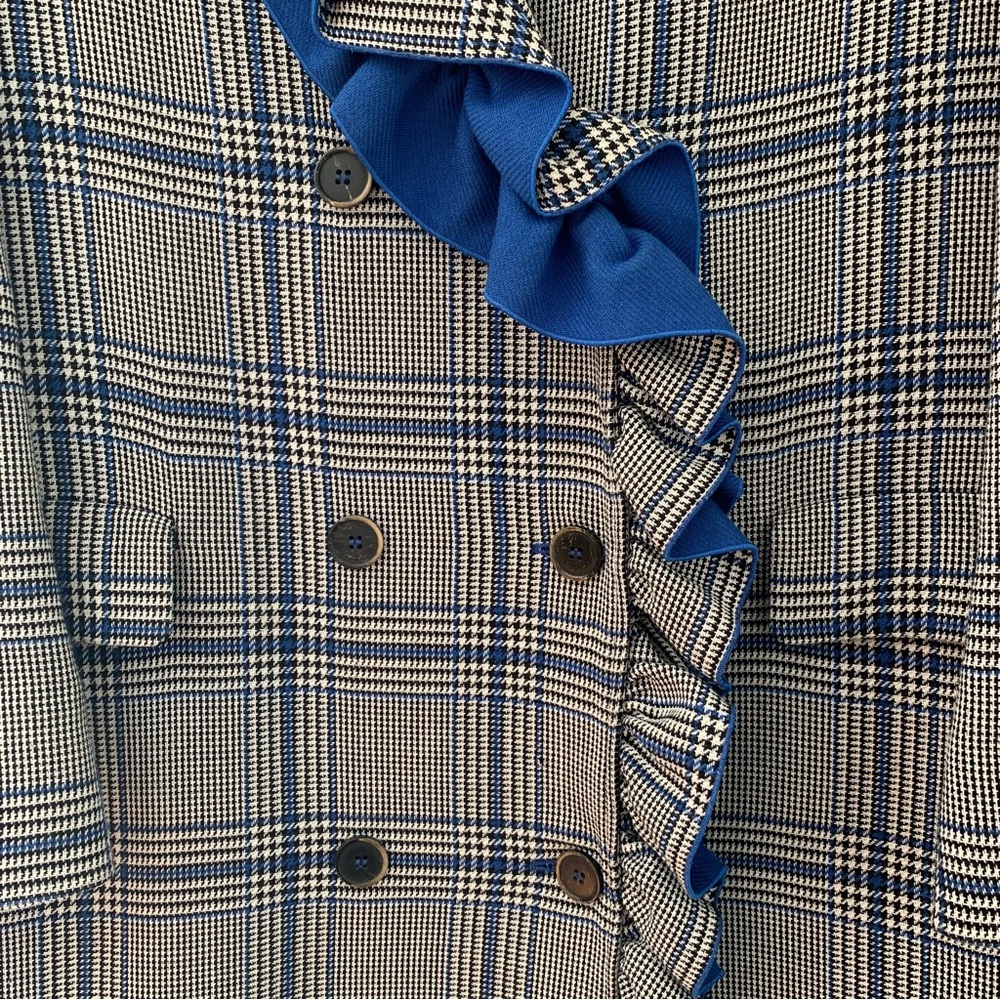 MSGM Glen Plaid Blue Ruffle Wool Blend Double Breasted Coat IT 42 - Picture 5 of 14